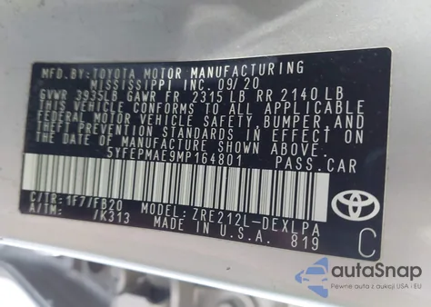 2021 Toyota Corolla Le from USA, damaged, VIN 5YFEPMAE9MP164801